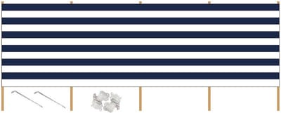 Strand/camping windscherm gestreept wit/blauw 3,75 meter x 150 cm incl. haringen en scheerlijnen - Beschutting/schermen