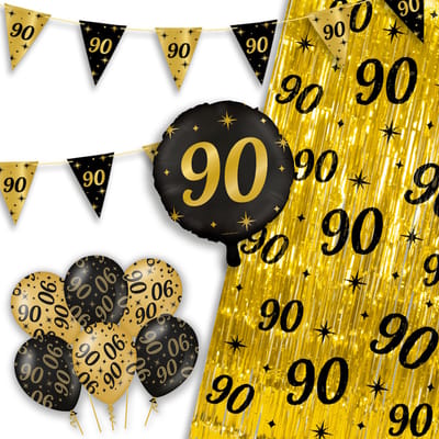 LUQ – Party Essentials 90 Jaar – Zwart-Goud Verjaardag Feest Versiering – Luxe Ballonnen-Slingers-Vlaggenlijn-Gordijn