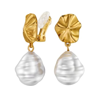 Traveller Clipoorbellen - Oorclips Dames - Hangers - 22kt Verguld - Barok Parel - 14 x 12 mm - Wit - 30 x 12 mm - 114337