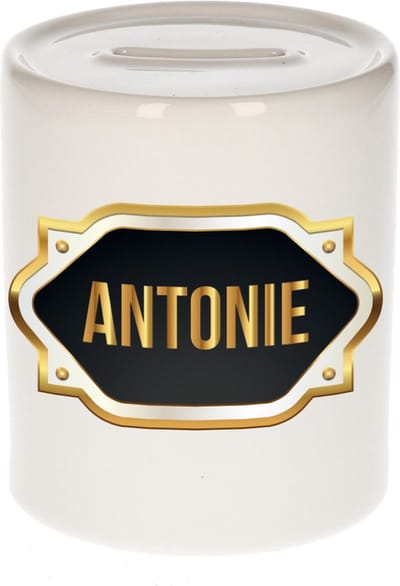 Spaarpot met voornaam Antonie - wit - met goud/zwart embleem - 8 x 9 cm - keramiek - met afsluitdop - cadeau verjaardag