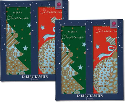 Cardeau - 24 dubbele Kerstkaarten en Nieuwjaarskaarten - 2 doosjes - 2 motieven - Foliedruk - 8 x 20 cm