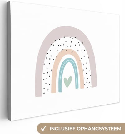Canvas kinderen - Wanddecoratie kinderkamers - Regenboog - Pastel - Stippen - Hartje - Canvas doek kids - Canvas kinderen - 40x30 cm
