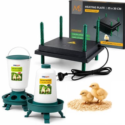 UniEgg™ MS Warmteplaat 25 x 30 CM inclusief 1,5 L Drinkbak en 1,5 KG Voerbak met in 3 standen verstelbare poten | Verwarming voor kippen, kuikens, vogels | Premium pakket