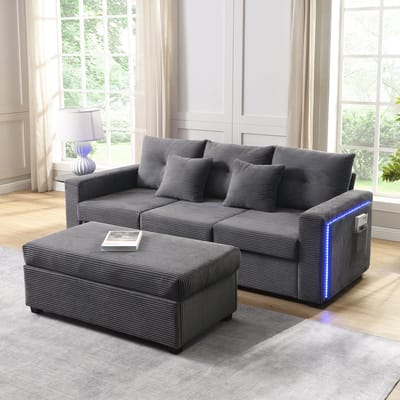 DESMIU Hoekbank 184 Cm - 3-Zits Met Afneembare Hocker En Ledverlichting - Voor Woonkamer En Kleine Ruimtes - Cordstof - Antiek Grijs