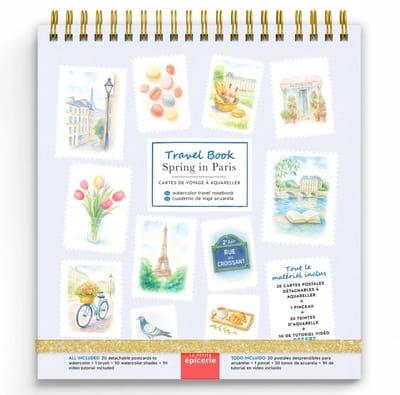 La Petite Epicerie Travel Note “Spring In Paris” 13x18cm Aquarel Reisnotitieboek alles inbegrepen 20 afneembare ansichtkaarten om te aquarellen + 1 penseel + 50 aquareltinten + 1 uur durende video-tutorial inbegrepen 250gr