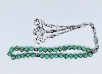 Handgemaakte tesbih klassiek - "Tasbih" natuursteen " Groen howliet gesponnen goud" - Aantal kralen 33 - Diameter kralen 8 MM - met metaal tassel "yarab" - Een mooi cadeau-idee