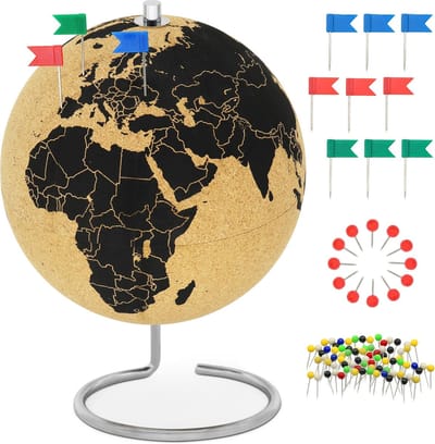 Famanu – Kurken wereldbol 25 cm, met 54 pinnen, draaibaar en ideaal als reisherinnering