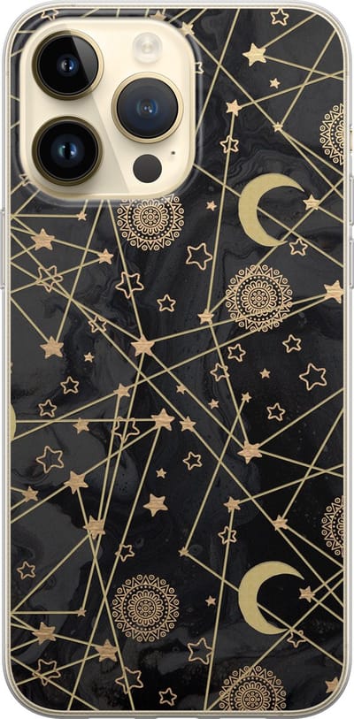 Leuke Telefoonhoesjes - Hoesje geschikt voor iPhone 14 Pro Max - Sterren, zon, maan - Soft case - TPU - Sterren - Zwart, Goud