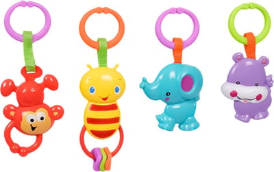 Speelgoedtopdeals - Rammelaar Hangspeeltje Buggyspeeltje - Cadeauverpakking Olifant Aap Nijlpaard Bij