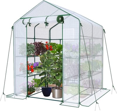 Famanu - Kas, foliekas, inloopbaar tuinhuisje met 8 planken, tomatenkas, wit, 143 x 143 x 195 cm