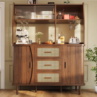 Buffetkast - 174,5cm - Rattanoptiek Glasschuifdeuren - Stauraum 60kg belastbaar - Houtlook - Noten