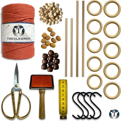 Deluxe Macramé Pakket | Rust | 200 METER | Triple Twist | 3mm | Starter Set | Schaar | S-haken | Kam | Meetlint | Ringen | Kralen | Stokken | Macramé Touw | 100% Katoen | DIY | Macramé | Wandkleed | Plantenhanger | TheOldOmen