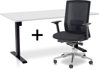 Zit-sta bureau elektrisch verstelbaar +  ERGO Bureaustoel | ARBO EASY Thuiswerkset | frame bureau zwart - bureaublad wit | 160x80 cm