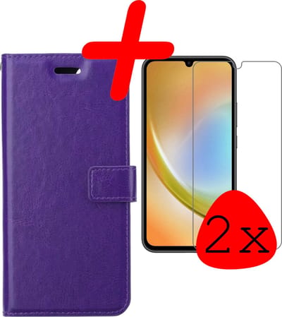 Hoesje Met 2x Screenprotector - Geschikt voor Samsung Galaxy A34 - Luxe Pasjeshouder - Bookcase Portemonee - Flip Case - Kunstleer Book Case - Flipcase Hoes - Book Cover - Walletcase - Portemonneehoes - Paars
