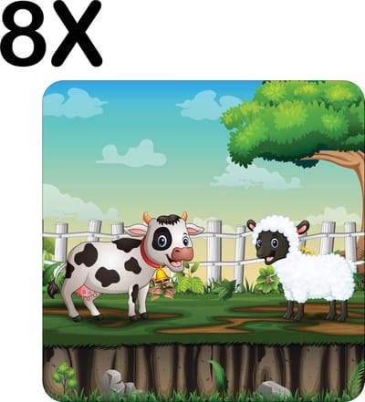 Luxe Placemat - Vrolijke Koe en Schaap - Getekend - Set van 8 Placemats - 50x50 cm - 2 mm dik Vinyl - Anti Slip - Afneembaar