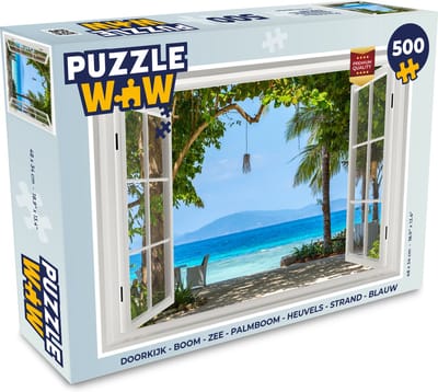 Puzzel Doorkijk - Boom - Zee - Palmboom - Heuvels - Strand - Blauw - Legpuzzel - Puzzel 500 stukjes