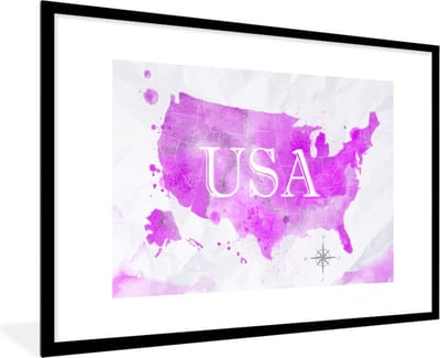 Poster in lijst - Fotolijst 90x60 cm - Posters - Wereldkaart - Roze - Verenigde Staten - Posterlijst zwart - Decoratie - Wanddecoratie woonkamer - Muurdecoratie slaapkamer