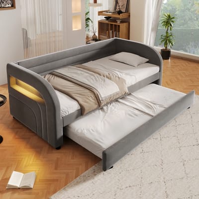 Gestoffeerd bed 90x200 cm - bed met uitschuifbed - bed met meerkleurige ledverlichting - grijs - 211 x 100 x 73 cm voor kinder- en logeerkamer