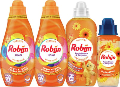 Robijn Perfect Match - Passiebloem & Bergamot - 4 stuks - 2x wasmiddel + 1 wasverzachter + 1 wasparfum - Voordeelverpakking