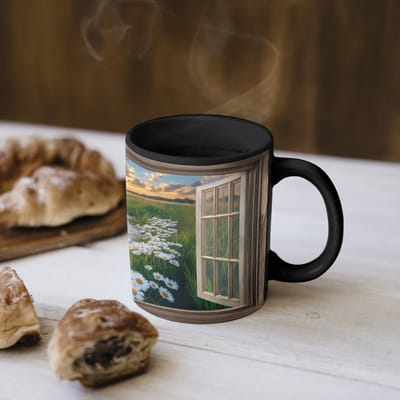 Magische Mok - Foto op Warmte Mokken - Koffiemok - Doorkijk - Landschap - Raam - Water - Zonsondergang - Magic Mok - Beker - 350 ML - Theemok