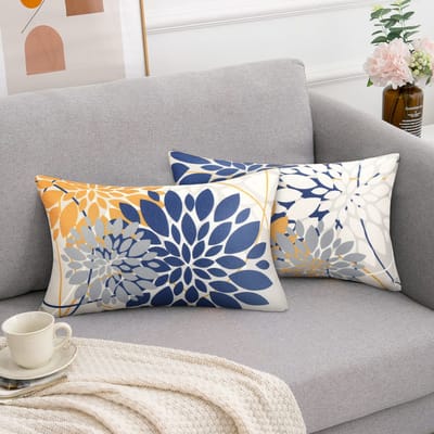 Kussenovertrek marineblauw geel herfst kussenslopen 30 x 50 cm kussenhoezen dahlia herfst kussensloop elegante boerderij geometrische bloem kussenhoes set van 2 decoratieve kussens voor woonkamer tuin