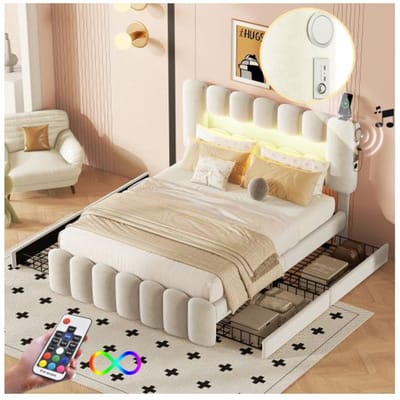 Gestoffeerd bed - MUVOE - 140 x 200 cm - Beige - 4 lades - USB en LED-strip stereo beige