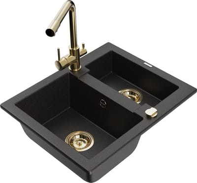Mexen Carlos granieten spoelbak 1,5-komoren met keukenmengkraan Duero, zwart/gouden metallic - 6518-75-671600-50