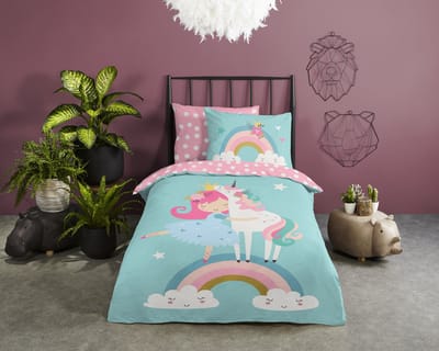 Good Morning dekbedovertrek eenhoorn met regenboog - 1 persoons 140x200/220 cm - Multi - 100% Katoen renforc�