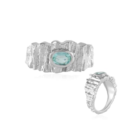 Cavill - Zilveren Ring met Paraiba Kleurige Ovale Smaragd 0 658 ct - 925 Sterling Zilver Geplatineerd - Elegant Golfpatroon Design - 23x22 mm