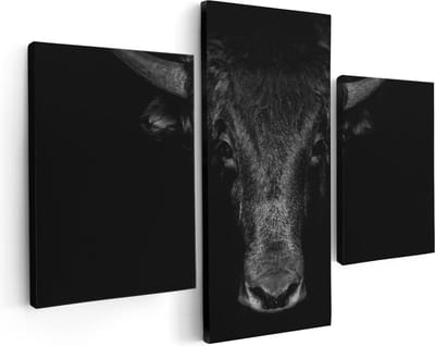 Artaza Canvas Schilderij Drieluik Stierenkop - Stier - Zwart Wit - 90x60 cm - Wanddecoratie Woonkamer - Schilderijen - Muurdecoratie