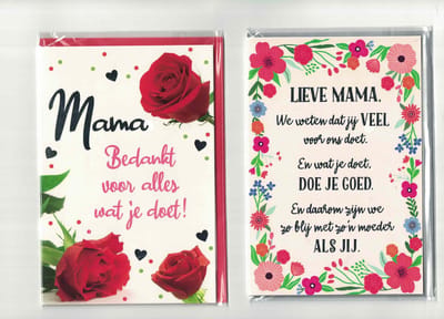 Wenskaarten - moederdag - 2 stuks - 2x - lieve mama - liefste moeder - fijne moederdag