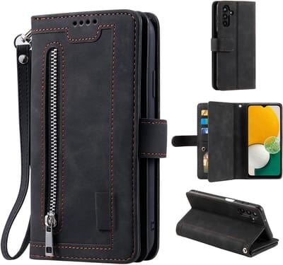 Hoesje geschikt voor Samsung Galaxy S24, flipcover, leren hoesje, rits, magnetische sluiting, portemonnee, 9 kaartsleuven, standaard, vintage, mat, leren hoesje, zwart