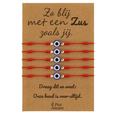 Vriendschapsarmbandjes voor 5 "Zo blij met een zus zoals jij" - Evil Eye - Sisters Armbandjes met Cadeau Kaartje - Rood Oogje - Elastisch Verstelbaar - Pax Amare