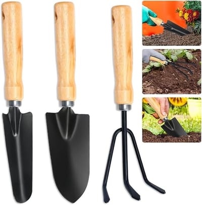 SnelShoppen - Tuingereedschapsset 3-delig - Krachtige tuinset met tuintroffel, Frankfurter schop en handhark - Mini-plant gereedschap met houten handv