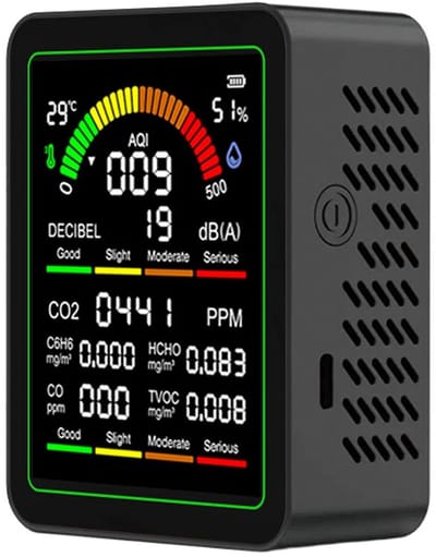 Luchtkwaliteitsmeter - Binnenlucht Tester - Gezond Leven - Meerdere Sensoren - 70 x 35 x 90 mm - Zwart