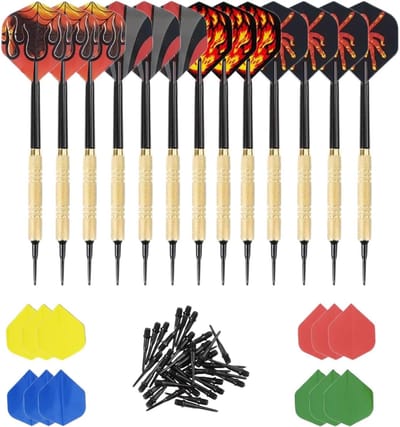 Complete soft dart set met 12 plastic tip darts, 24 extra flights en 100 vervangende dart tips voor elektronische dartborden