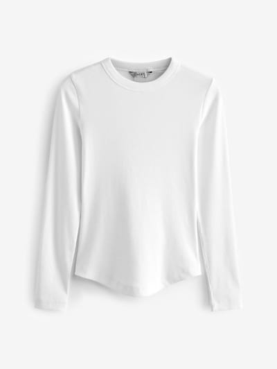 Next - Dames - Petite geribbelde top met lange mouwen en ronde hals - Petite - Wit