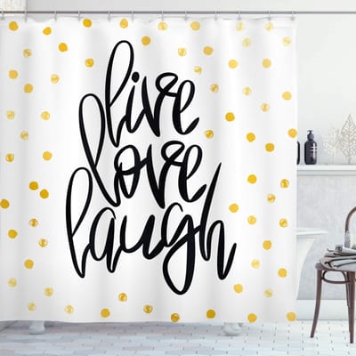 ABAKUHAUS Leef Lach Liefde – douchegordijn – 175x240cm – Zwart/Wit/Geel
