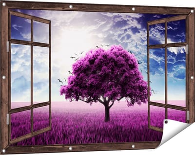 Gards Tuinposter Doorkijk Paarse Boom in het Paars Veld met Vogels - 120x80 cm - Tuindoek - Tuindecoratie - Wanddecoratie buiten - Tuinschilderij