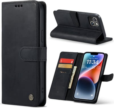 Casemania Echt Leren Hoesje Geschikt voor Apple iPhone 14 - Zwart - Leer Wallet Hoes - Portemonnee Book Cover met Pasjeshouder
