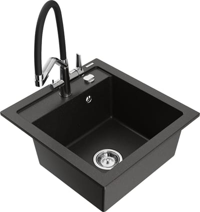 Mexen Vito granieten gootsteen 1-komors met Duo keukenkraan, zwart/goud metallic - 6503-75-671701-07