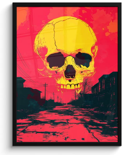 Poster in lijst - Fotolijst 60x80 cm - Posters - Straat - Verlaten - Schedel - Geel - Posterlijst zwart - Decoratie - Wanddecoratie woonkamer - Muurdecoratie slaapkamer