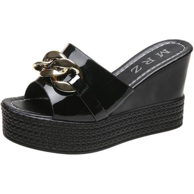 Ketting Hoge Hakken Slippers Vrouwen Wedges Bruidsschoenen Zomer Wit Zwart Platform Slides Dames Strand Slippers 40 zwart