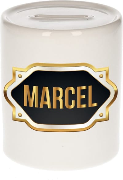 Spaarpot met voornaam Marcel - wit - met goud/zwart embleem - 8 x 9 cm - keramiek - met afsluitdop - cadeau verjaardag