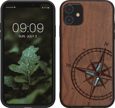 kwmobile telefoonhoesje geschikt voorApple iPhone 11 - Hoesje met bumper - hout - In donkerbruin Parelmoer kompas design
