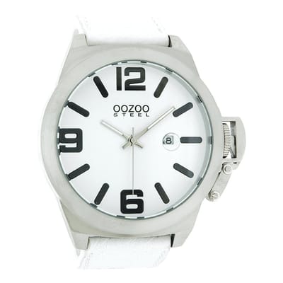 OOZOO Timepieces - Zilverkleurige horloge met witte leren band - OS113