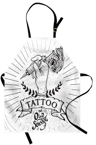 ABAKUHAUS Oude School kookschort, tattoohand van de kunstenaar, machinewasbare digitale print, kleurvast, charcoalgrijs, wit