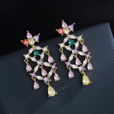 Boucles d'oreilles à fleurs colorées, boucles d'oreilles florales pour femmes, mode européenne et américaine, micro-incrustées de zircons gray