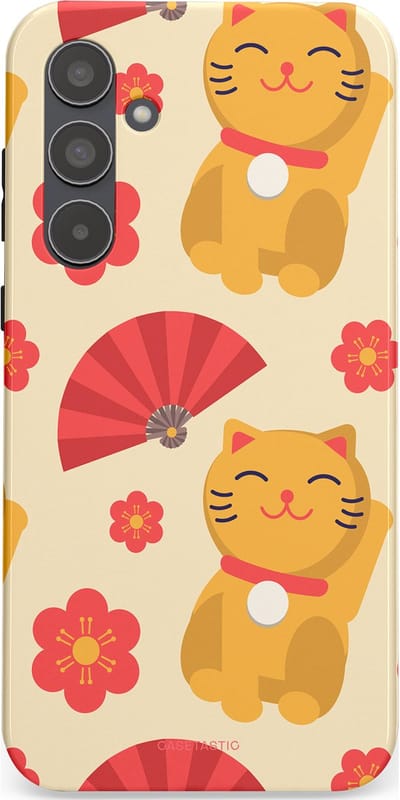 Casetastic hoesje geschikt voor Samsung Galaxy A55 - Dubbellaagse bescherming - Japanse Poezenvreugde - Lucky Cats - Fashion Case - Crème Koraal Goud