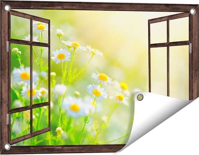Gards Tuinposter Doorkijk Witte Kamille Bloemen met Zonneschijn - 60x40 cm - Tuindoek - Tuindecoratie - Wanddecoratie buiten - Tuinschilderij